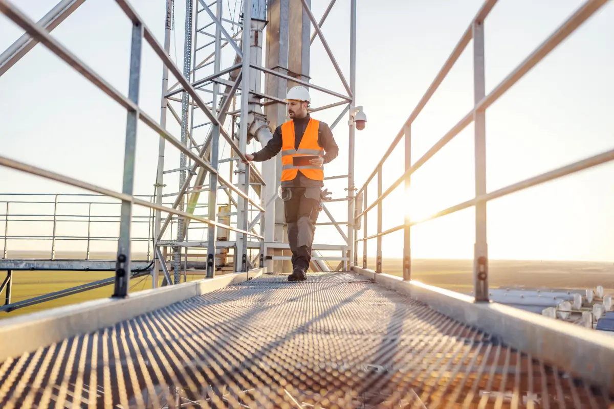 Worker in safety vest on an elevated industrial steel platform