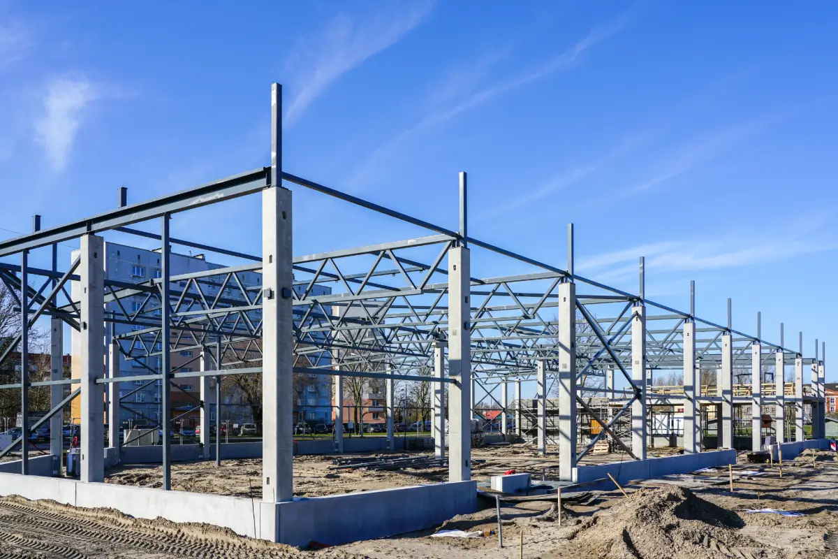 Industrial structural steel facility against blue sky