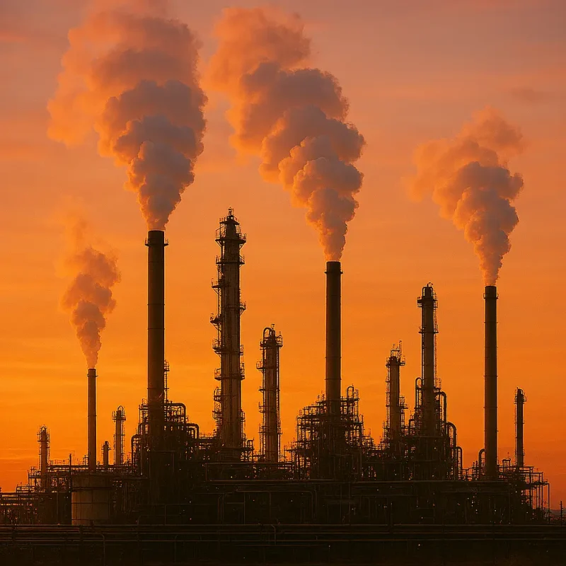 Petrochemical refinery with smokestacks at sunset