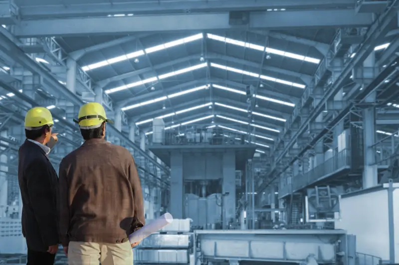 Workers in hard hats inside an industrial steel structure